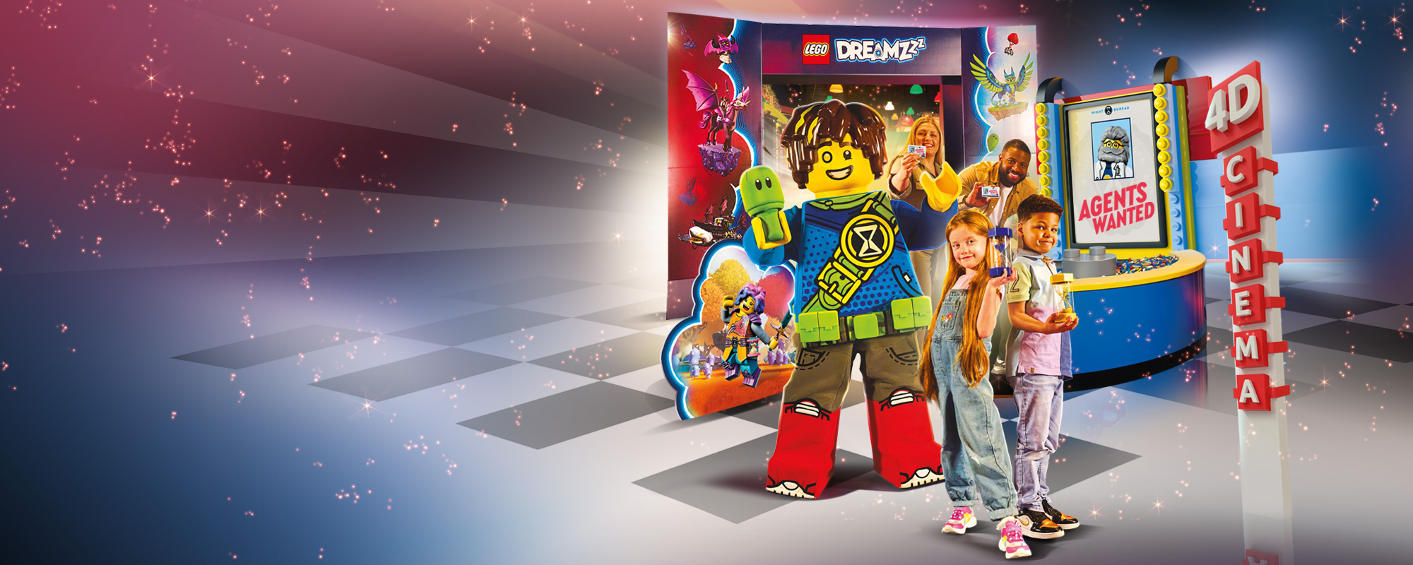 Family of 4 viewing LEGO Dreamzzz 4D cinema movie at LEGOLAND Discovery Center Arizona