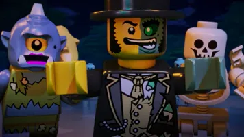 LEGO 4D Halloween movie thumbnail of minifigures in Halloween costumes