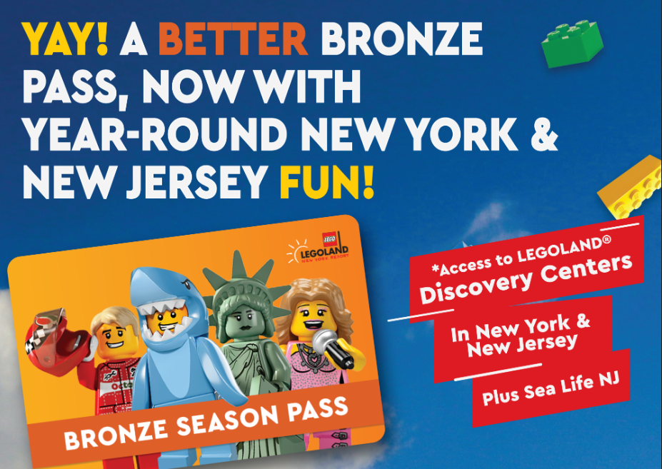 Graphic for the Bronze Season Pass at LEGOLAND New York Resort. The text reads: 'YAY! A BETTER BRONZE PASS, NOW WITH YEAR-ROUND NEW YORK & NEW JERSEY FUN!' Below is an image of the Bronze Season Pass card featuring LEGO minifigures, including a Statue of Liberty, a shark costume character, a singer, and a race car driver. A red callout box highlights: '*Access to LEGOLAND Discovery Centers in New York & New Jersey, Plus Sea Life NJ.' The background features a blue sky with LEGO bricks scattered around.